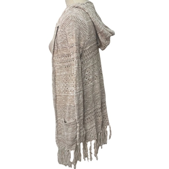 Mudd Open-Work Marled Birch Fringe Hoodie Cardigan Boho Crocheted Jacket Size M - Picture 4 of 7